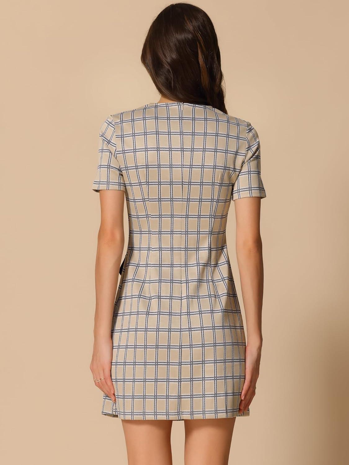 imageAllegra K Work Dresses for Womens Short Sleeve Vintage Houndstooth Plaid 2024 Formal Sheath DressTan