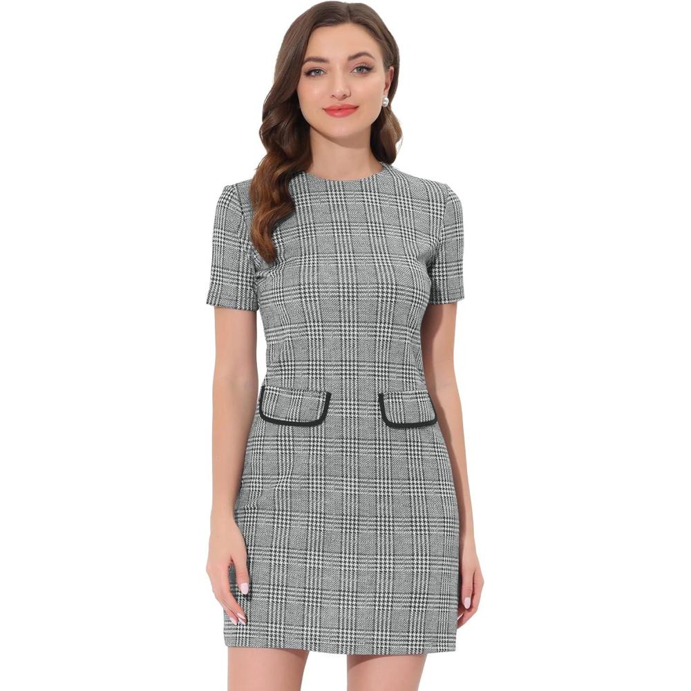 imageAllegra K Work Dresses for Womens Short Sleeve Vintage Houndstooth Plaid 2024 Formal Sheath DressBlack