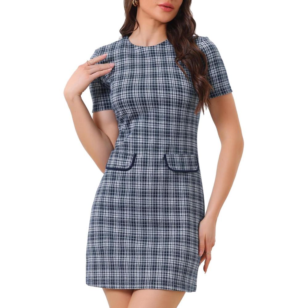 imageAllegra K Work Dresses for Womens Short Sleeve Vintage Houndstooth Plaid 2024 Formal Sheath DressDark Blue