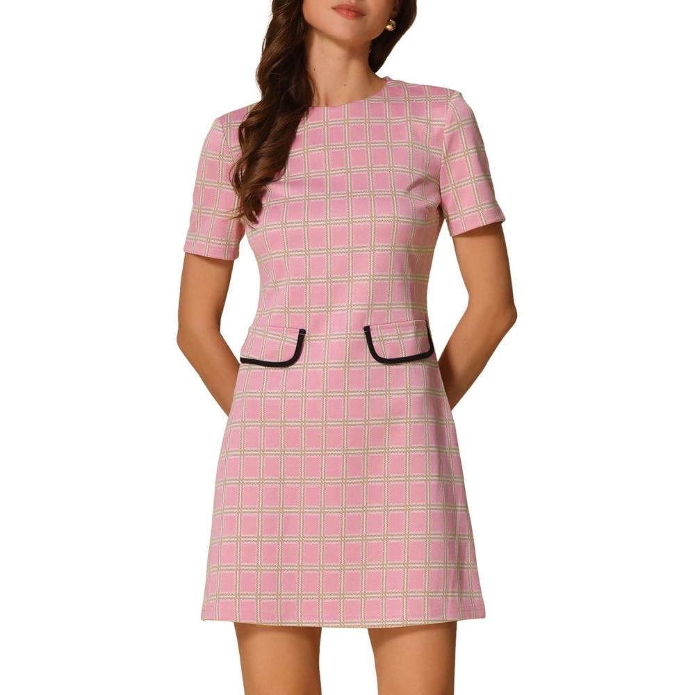 imageAllegra K Work Dresses for Womens Short Sleeve Vintage Houndstooth Plaid 2024 Formal Sheath DressPink