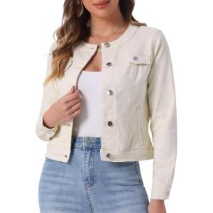 imageAllegra K Womens Denim Jacket Button Down Collarless Long Sleeve Jean JacketsBeige