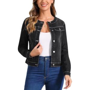 imageAllegra K Womens Denim Jacket Button Down Collarless Long Sleeve Jean JacketsBlack