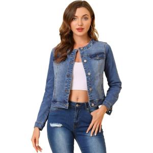 imageAllegra K Womens Denim Jacket Button Down Collarless Long Sleeve Jean JacketsBlue