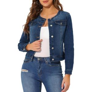 imageAllegra K Womens Denim Jacket Button Down Collarless Long Sleeve Jean JacketsDark Blue