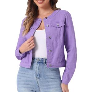 imageAllegra K Womens Denim Jacket Button Down Collarless Long Sleeve Jean JacketsPurple