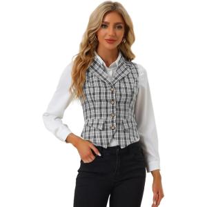 imageAllegra K Womens Plaid Waistcoat Notched Lapel Collar Single Breasted Vintage VestBlack