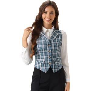 imageAllegra K Womens Plaid Waistcoat Notched Lapel Collar Single Breasted Vintage VestDusty Blue