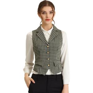 imageAllegra K Womens Plaid Waistcoat Notched Lapel Collar Single Breasted Vintage VestGreen