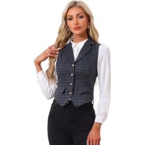 imageAllegra K Womens Plaid Waistcoat Notched Lapel Collar Single Breasted Vintage VestGrey Blue