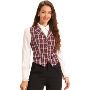 imageAllegra K Womens Plaid Waistcoat Notched Lapel Collar Single Breasted Vintage VestRed