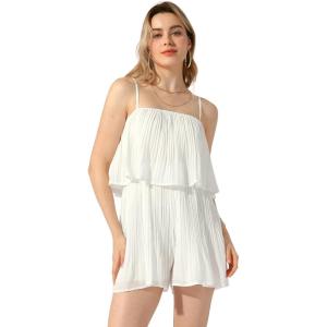 imageAllegra K Womens Romper Dress Spaghetti Strap Ruffled Pleated Sleeveless Shorts JumpsuitsWhite