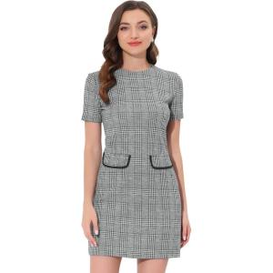 imageAllegra K Work Dresses for Womens Short Sleeve Vintage Houndstooth Plaid 2024 Formal Sheath DressBlack