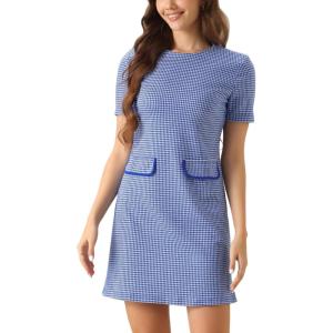 imageAllegra K Work Dresses for Womens Short Sleeve Vintage Houndstooth Plaid 2024 Formal Sheath DressBlue Houndstooth