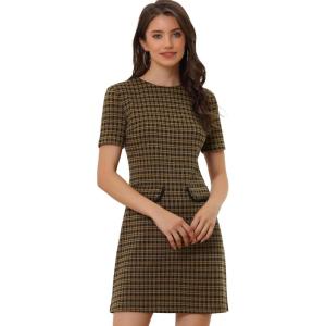 imageAllegra K Work Dresses for Womens Short Sleeve Vintage Houndstooth Plaid 2024 Formal Sheath DressBrown