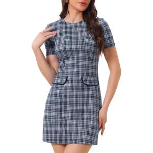 imageAllegra K Work Dresses for Womens Short Sleeve Vintage Houndstooth Plaid 2024 Formal Sheath DressDark Blue