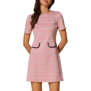 imageAllegra K Work Dresses for Womens Short Sleeve Vintage Houndstooth Plaid 2024 Formal Sheath DressPink