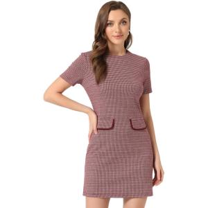 imageAllegra K Work Dresses for Womens Short Sleeve Vintage Houndstooth Plaid 2024 Formal Sheath DressRed