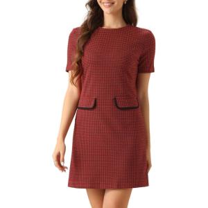 imageAllegra K Work Dresses for Womens Short Sleeve Vintage Houndstooth Plaid 2024 Formal Sheath DressRed Houndstooth