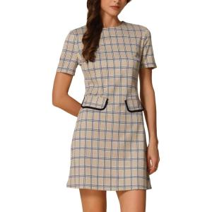 imageAllegra K Work Dresses for Womens Short Sleeve Vintage Houndstooth Plaid 2024 Formal Sheath DressTan