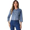 imageAllegra K Denim Jacket for Womens Collarless 2024 Cardigan Distresse 34 Sleeve Crop Jean JacketsGrey Blue