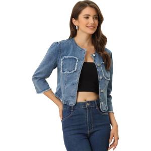 imageAllegra K Denim Jacket for Womens Collarless 2024 Cardigan Distresse 34 Sleeve Crop Jean JacketsBlue