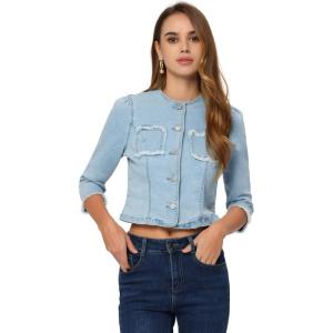 imageAllegra K Denim Jacket for Womens Collarless 2024 Cardigan Distresse 34 Sleeve Crop Jean JacketsLight Blue