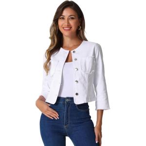 imageAllegra K Denim Jacket for Womens Collarless 2024 Cardigan Distresse 34 Sleeve Crop Jean JacketsWhite