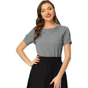 imageAllegra K Womens 1950s Round Collar Short Sleeve Gingham TopsBlack