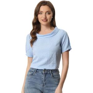 imageAllegra K Womens 1950s Round Collar Short Sleeve Gingham TopsBlue