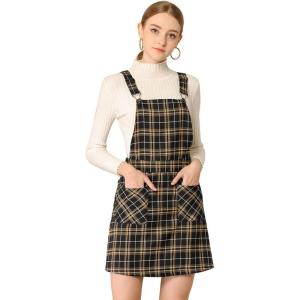 imageAllegra K Womens Adjustable Strap Above Knee Plaid Printed Overall Dress Suspender SkirtBlackbrown