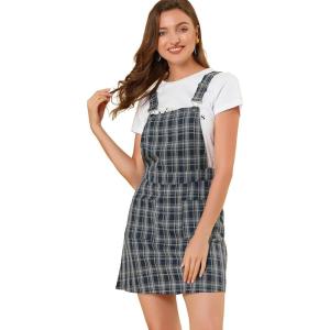 imageAllegra K Womens Adjustable Strap Above Knee Plaid Printed Overall Dress Suspender SkirtBluebrown