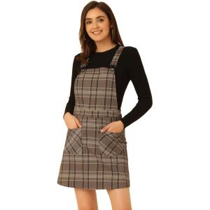 imageAllegra K Womens Adjustable Strap Above Knee Plaid Printed Overall Dress Suspender SkirtBrown