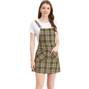 imageAllegra K Womens Adjustable Strap Above Knee Plaid Printed Overall Dress Suspender SkirtBrownapricot