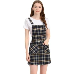 imageAllegra K Womens Adjustable Strap Above Knee Plaid Printed Overall Dress Suspender SkirtNavy Blue