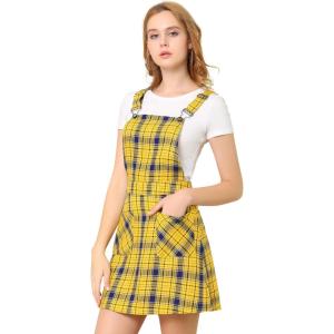 imageAllegra K Womens Adjustable Strap Above Knee Plaid Printed Overall Dress Suspender SkirtYellow