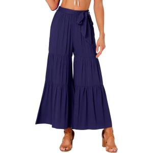 imageAllegra K Womens Boho Elastic High Waisted Ruffles Flare Palazzo Wide Leg PantsDark Blue