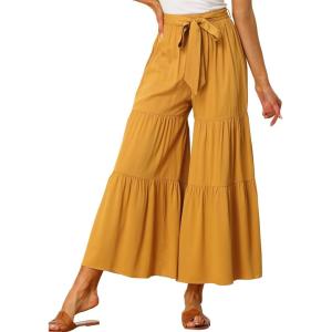 imageAllegra K Womens Boho Elastic High Waisted Ruffles Flare Palazzo Wide Leg PantsYellow