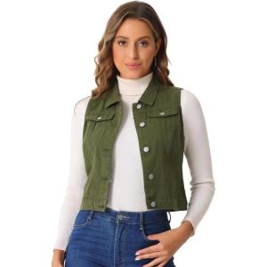 imageAllegra K Womens Buttoned Washed Denim Vest Jacket W Chest Flap PocketsArmy Green