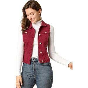 imageAllegra K Womens Buttoned Washed Denim Vest Jacket W Chest Flap PocketsBurgundy