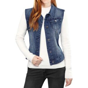 imageAllegra K Womens Buttoned Washed Denim Vest Jacket W Chest Flap PocketsDark Blue