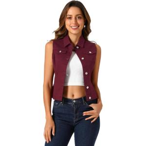 imageAllegra K Womens Buttoned Washed Denim Vest Jacket W Chest Flap PocketsDark Red