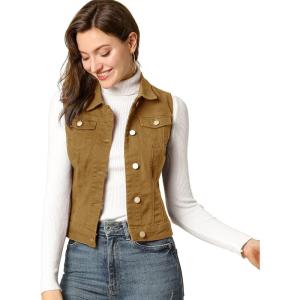 imageAllegra K Womens Buttoned Washed Denim Vest Jacket W Chest Flap PocketsKhaki