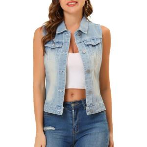 imageAllegra K Womens Buttoned Washed Denim Vest Jacket W Chest Flap PocketsSky Blue