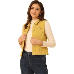 imageAllegra K Womens Buttoned Washed Denim Vest Jacket W Chest Flap PocketsYellow