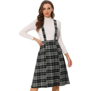 imageAllegra K Womens Tartan Plaid Suspender Skirt Vintage High Waist ALine Midi Overall DressBlack