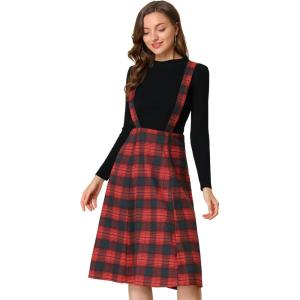 imageAllegra K Womens Tartan Plaid Suspender Skirt Vintage High Waist ALine Midi Overall DressRed Plaid