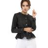 imageAllegra K Womens Peplum Denim Jackets Collarless Round Neck Button Down Cropped Ruffle Hem JacketBlack