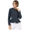 imageAllegra K Womens Peplum Denim Jackets Collarless Round Neck Button Down Cropped Ruffle Hem JacketBlue