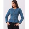 imageAllegra K Womens Peplum Denim Jackets Collarless Round Neck Button Down Cropped Ruffle Hem JacketDenim Blue