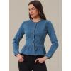 imageAllegra K Womens Peplum Denim Jackets Collarless Round Neck Button Down Cropped Ruffle Hem JacketDenim Blue